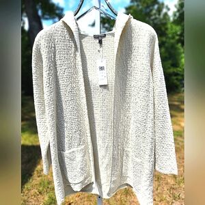 NWT Eileen Fisher Organic Cotton Linen Slub Hooded Cardigan Straight Fit in Bone